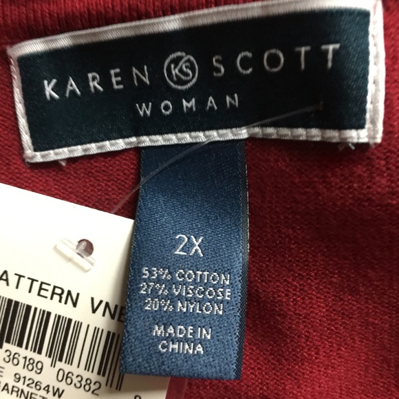 Karen Scott Red 3/4 Sleeve V-Neck Floral-Print Top - Picture 4 of 6